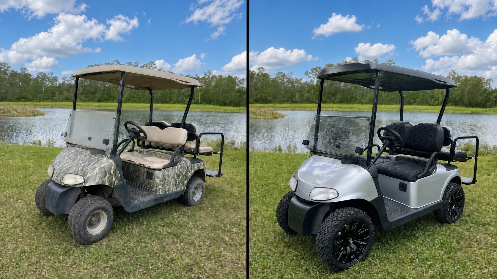 Before and after golf cart transformation to a satin-silver lifted custom cart